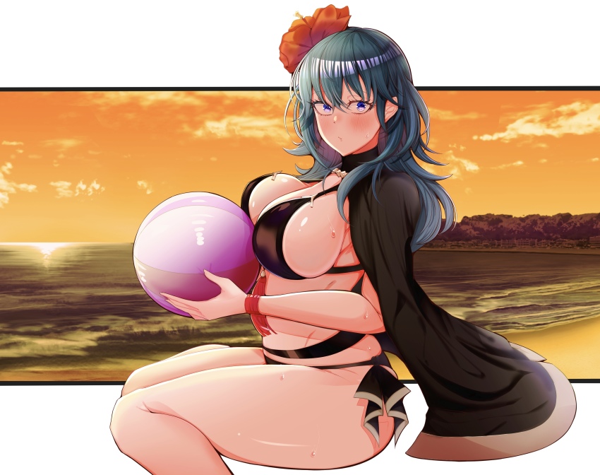 1girl absurdres ball beachball bikini black_bikini blue_eyes blue_hair breasts byleth_(female)_(fire_emblem) byleth_(female)_(summer)_(fire_emblem) byleth_(fire_emblem) fire_emblem fire_emblem:_three_houses fire_emblem_heroes flower from_side hair_flower hair_ornament highres holding large_breasts looking_to_the_side nintendo official_alternate_costume sitting solo swimsuit teroo