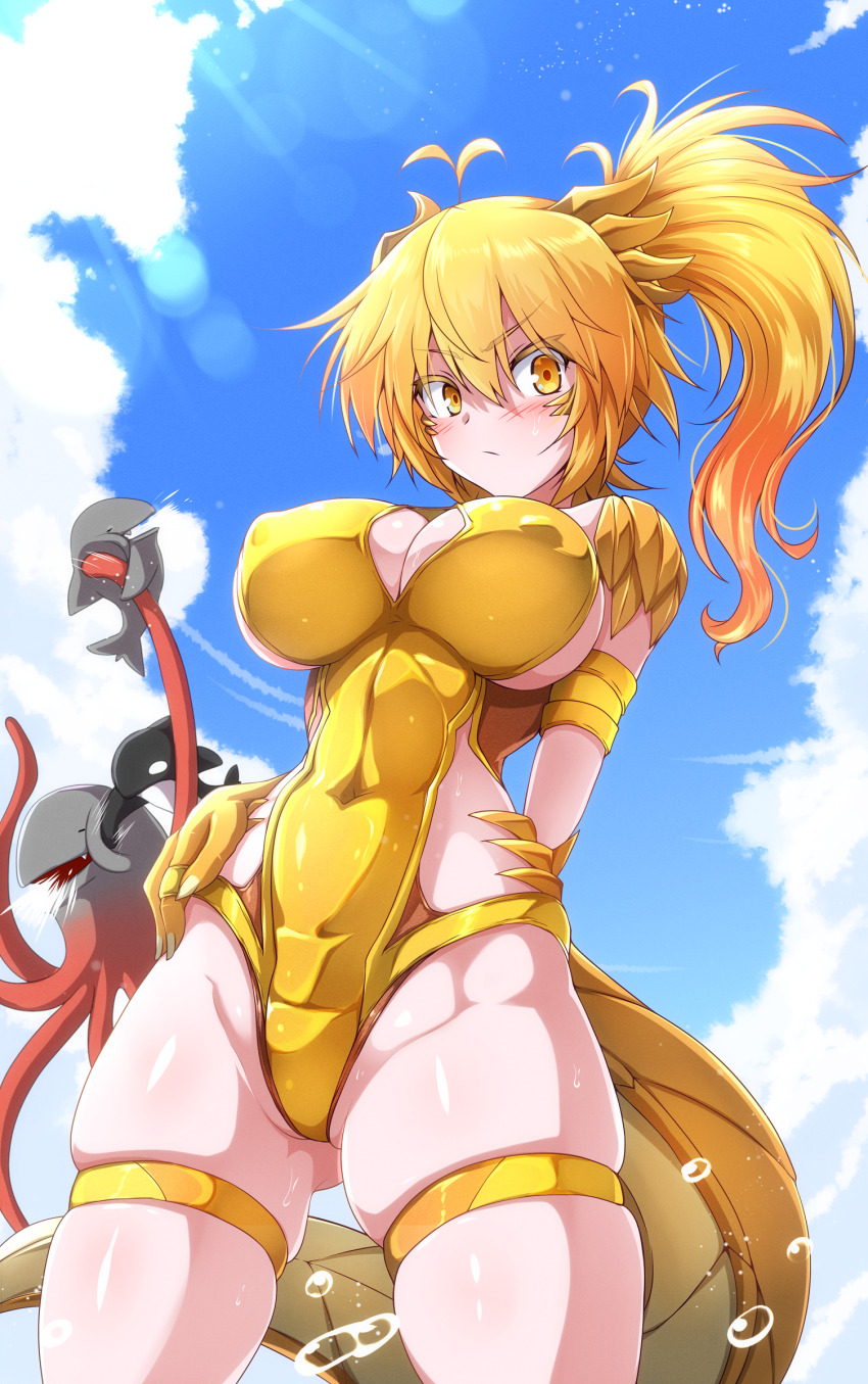 1girl absurdres antenna_hair arisa_(g_(genesis1556)) arm_behind_back arm_strap bare_shoulders battle blonde_hair blue_sky blush breasts claws cleavage cleavage_cutout closed_mouth clothing_cutout cloud commentary_request covered_erect_nipples covered_navel cowboy_shot day dragon_girl dragon_horns dragon_tail frown g_(genesis1556) groin hair_between_eyes high_ponytail highres horns large_breasts long_hair looking_at_viewer monster_girl one-piece_swimsuit orca original outdoors ponytail punching scales shark sharktopus sidelocks skindentation sky solo_focus standing swimsuit tail tentacles thigh_strap water_drop yellow_eyes yellow_one-piece_swimsuit