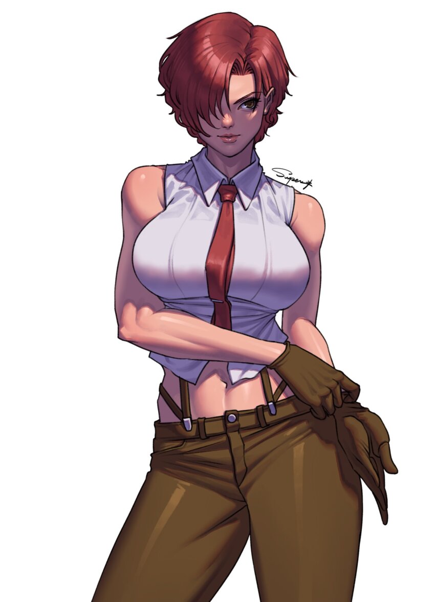 1girl bare_shoulders breasts brown_gloves collared_shirt commentary cowboy_shot crop_top english_commentary gloves hair_over_one_eye highres large_breasts midriff navel necktie pants putting_on_gloves red_eyes red_hair shirt short_hair signature sleeveless sleeveless_shirt solo superbull suspenders the_king_of_fighters vanessa_(kof) white_background