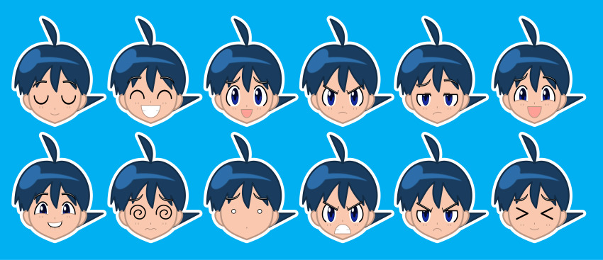 &gt;_&lt; 1boy ^_^ abstract absurdres ahoge black_hair blue_background blue_eyes blue_hair closed_eyes colored_outlines dark_blue_hair expressions head_only highres hinata_fuyuki keroro_gunsou o_o solo