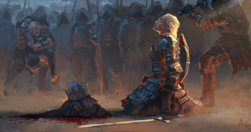 1girl 6+boys absurdres armor bad_artstation_id bad_id beard black_hair blonde_hair blood brown_gloves closed_eyes closed_mouth crown crying crying_with_eyes_open decapitation facial_hair gloves guro highres holding holding_sword holding_weapon hood huge_weapon kneeling long_hair mother_and_son multiple_boys open_mouth original outdoors pauldrons pedro_kruger people shadow shield shield_on_back shoulder_armor signature standing sword tears weapon