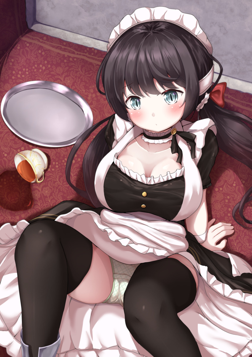 1girl :o apron aqua_eyes arm_support azur_lane black_dress black_thighhighs blush bow breasts brown_hair cameltoe choker cleavage closed_mouth collarbone cup dot_mouth dress expressionless fallen_down feet_out_of_frame female_focus flower frilled_choker frilled_dress frilled_hairband frills from_above glasgow_(azur_lane) green_panties hair_bow hair_flower hair_ornament hairband highres indoors large_breasts leaning_back legs_up long_hair looking_at_viewer maid maid_headdress mochiyuki panties pantyshot plate pleated_dress polka_dot polka_dot_panties raised_eyebrows red_bow short_sleeves sitting solo spill spread_legs tea teacup thighhighs thighs twintails underwear waist_apron white_flower wrist_cuffs