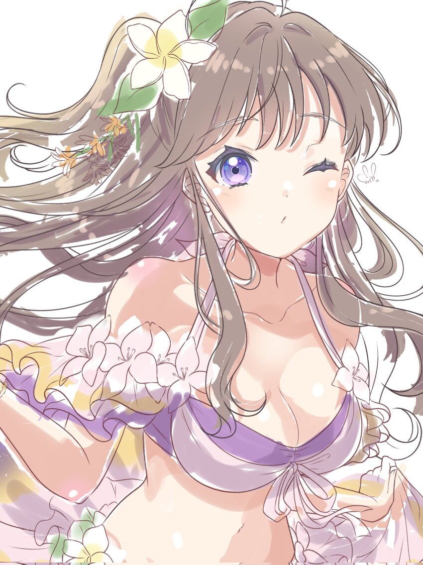 1girl bikini breasts brown_hair cleavage collarbone commentary_request flower fujishima_megumi hair_flower hair_ornament highres iroenpitsu_xxx link!_like!_love_live! long_hair love_live! medium_breasts midriff multicolored_bikini navel off-shoulder_bikini off_shoulder official_alternate_costume official_alternate_hairstyle one_eye_closed one_side_up passion!!!!!!_(love_live!) purple_bikini purple_eyes signature simple_background skirt_hold solo swimsuit two-tone_bikini unfinished virtual_youtuber white_background white_bikini white_flower