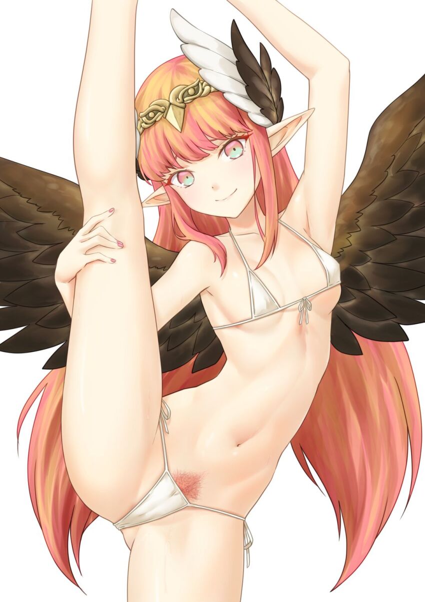 1girl a-plug bikini blush breasts cameltoe circe_(fate) fate/grand_order fate_(series) feathered_wings female_pubic_hair head_wings highres leg_up long_hair looking_at_viewer micro_bikini navel pink_eyes pink_hair pointy_ears pubic_hair small_breasts smile solo split standing standing_on_one_leg standing_split swimsuit white_background white_bikini wings