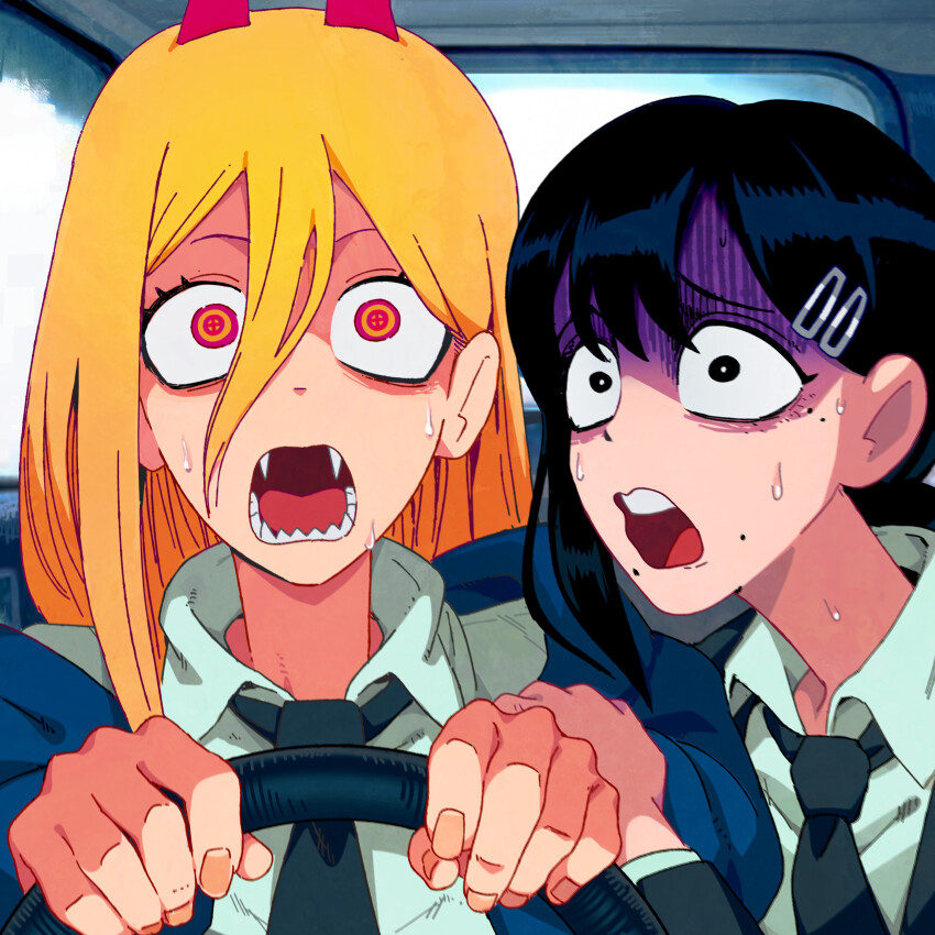 2girls absurdres aisendraw black_hair black_jacket black_necktie blonde_hair car_interior chainsaw_man collared_shirt cross-shaped_pupils fangs formal_clothes hair_between_eyes hair_ornament hairclip higashiyama_kobeni highres jacket long_hair looking_at_viewer medium_hair meme mole mole_under_eye mole_under_mouth multiple_girls multiple_moles necktie open_mouth ponytail power_(chainsaw_man) power_crashes_kobeni&#039;s_car_(meme) red_eyes sharp_teeth shirt short_ponytail single_sidelock steering_wheel suit suit_jacket surprised sweat swept_bangs symbol-shaped_pupils teeth white_shirt