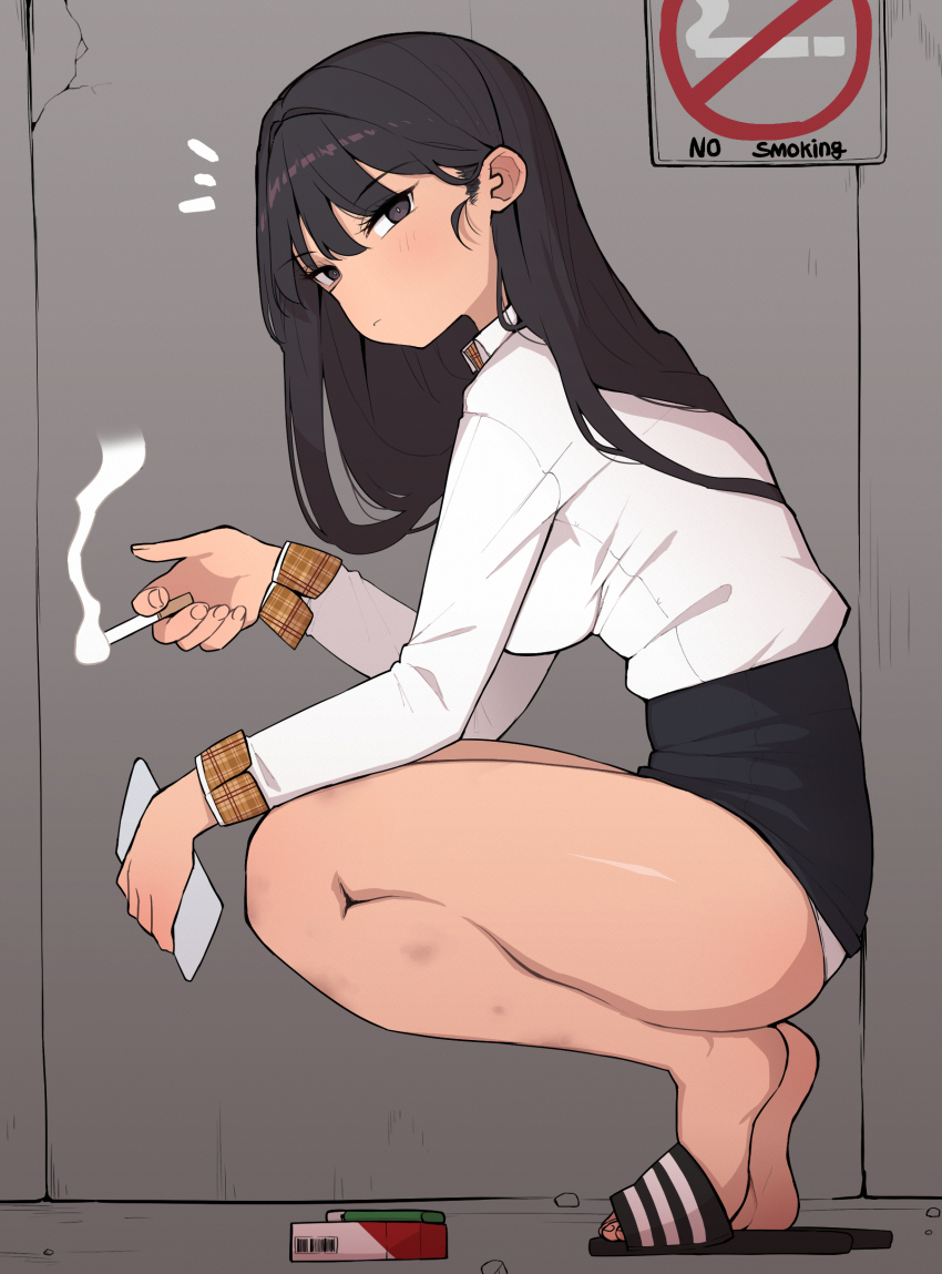 1girl absurdres black_eyes black_hair blush breasts cigarette cigarette_pack from_side highres holding holding_cigarette korean_commentary lighter long_hair looking_at_viewer mangmoongming no_smoking original panties pencil_skirt school_uniform skirt slippers smoking solo squatting tiptoes underwear white_panties