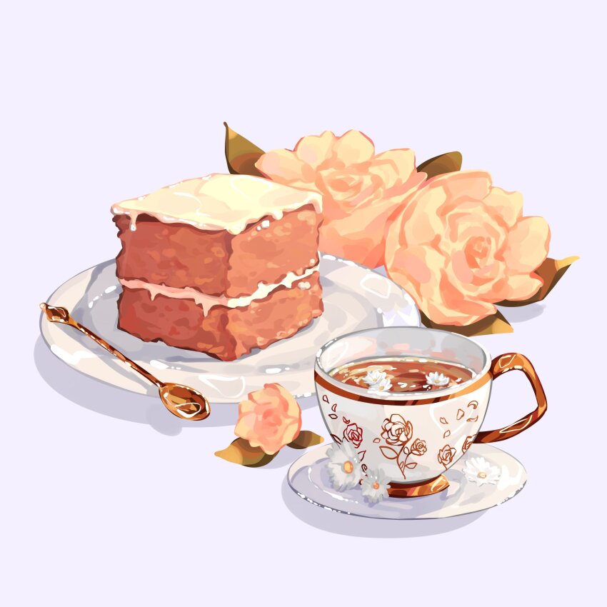 cake cake_slice carrot_cake commentary commission cup drink english_commentary flower flower_in_drink food food_focus highres icing leaf mumechi no_humans original pink_flower plant plate saucer simple_background spoon tea teacup utensil white_background white_flower