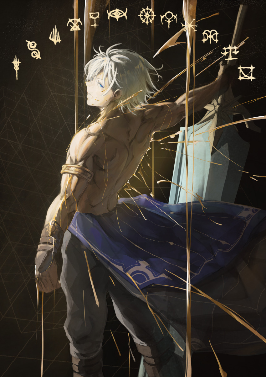 1boy absurdres blue_eyes bracer danch331 dripping gold_armlet grey_hair grey_pants highres holding holding_sword holding_weapon honkai:_star_rail honkai_(series) looking_at_viewer looking_back pants phainon_(honkai:_star_rail) planted planted_sword planted_weapon solo sword toned toned_male topless_male weapon wet