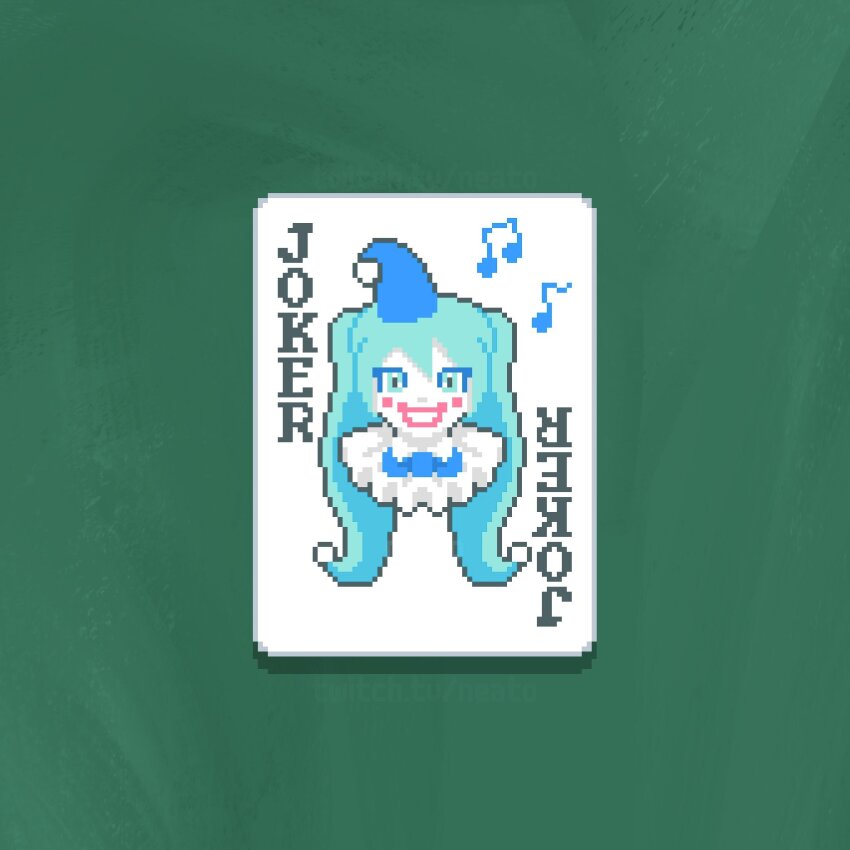 aqua_eyes aqua_hair balatro beamed_eighth_notes card colored_skin commentary eighth_note english_commentary english_text grin hatsune_miku highres jimbo_(balatro) joker_(playing_card) musical_note neato no_humans pixel_art playing_card poker_table smile table vocaloid white_skin