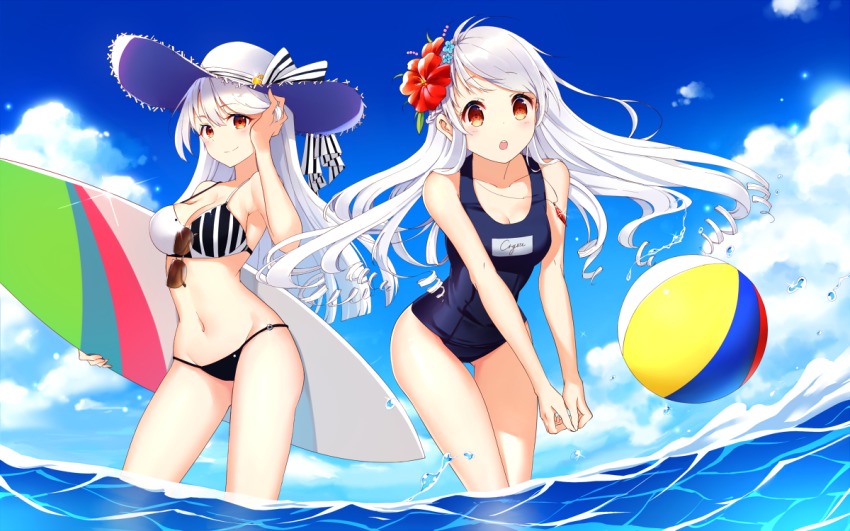 2girls :o bai_banca ball beachball bikini bikini_bottom_only black_bikini black_ribbon blue_sky blush breasts cleavage cloud cloudy_sky day drill_hair eyebrows fisheye flower gluteal_fold hair_between_eyes hair_flower hair_ornament tucking_hair hat hibiscus large_breasts long_hair looking_at_viewer multiple_girls name_tag navel ocean one-piece_swimsuit open_mouth orange_eyes original outdoors own_hands_together red_flower ribbon school_swimsuit sky smile splashing standing straight_hair straw_hat striped_bikini striped_clothes striped_ribbon sunglasses surfboard swimsuit teeth thighs water white_bikini white_hair white_ribbon