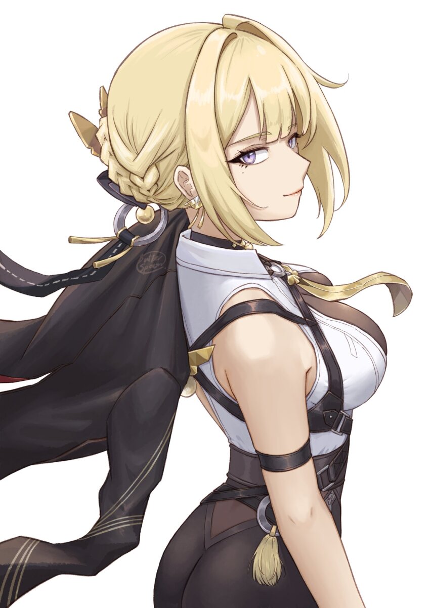 1girl bare_shoulders black_jacket blonde_hair breasts butter_spoon earrings evelyn_chevalier gloves high-waist_pants highres jacket jacket_on_shoulders jewelry large_breasts looking_at_viewer looking_back mole mole_under_eye pants purple_eyes sidelocks simple_background sleeveless white_background zenless_zone_zero