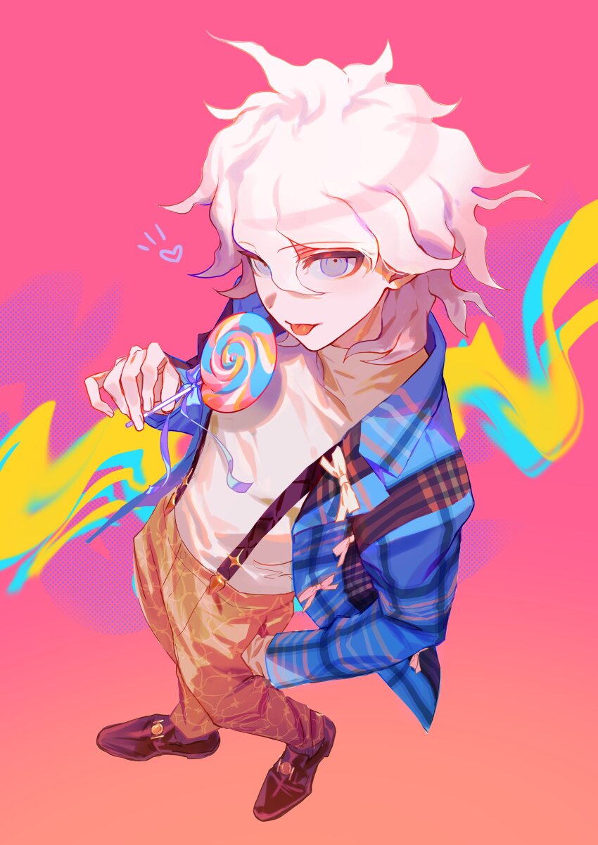 1boy :p absurdres alternate_costume blue_jacket brown_pants candy colorful_background danganronpa_(series) danganronpa_2:_goodbye_despair food fug_uai grey_hair hair_between_eyes hand_in_pocket hand_up heart highres holding holding_candy holding_food holding_lollipop jacket komaeda_nagito lollipop male_focus messy_hair open_clothes open_jacket pants pink_background plaid_clothes plaid_jacket shirt_tucked_in shoes solo tongue tongue_out