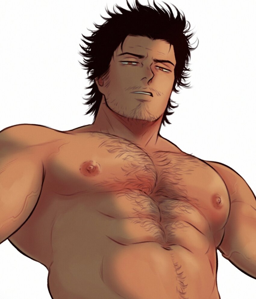 1boy abs bara black_clover black_hair chest_hair facial_hair g00miato goatee hairy highres large_pectorals looking_at_viewer male_focus mature_male muscular muscular_male mustache navel_hair nipples pectorals sideburns solo spiked_hair stomach stubble topless topless_male veins yami_sukehiro