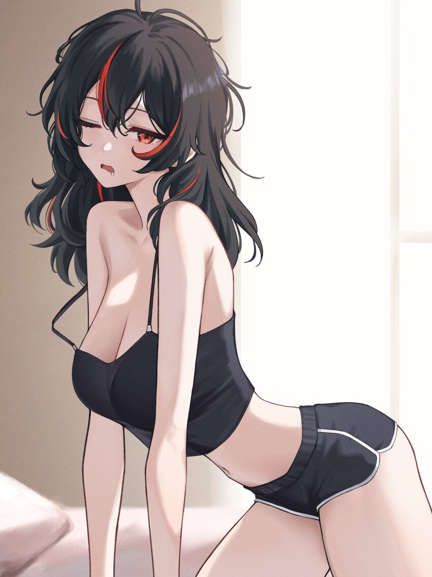 1girl absurdres aoi_riko bare_arms black_hair breasts cleavage commentary cowboy_shot half-closed_eyes hashtag-only_commentary highres indoors large_breasts long_hair looking_at_viewer messy_hair multicolored_hair navel on_bed one_eye_closed open_mouth orange_eyes orange_hair pillow sleepy sleeveless solo streaked_hair thighs window zenless_zone_zero zhu_yuan