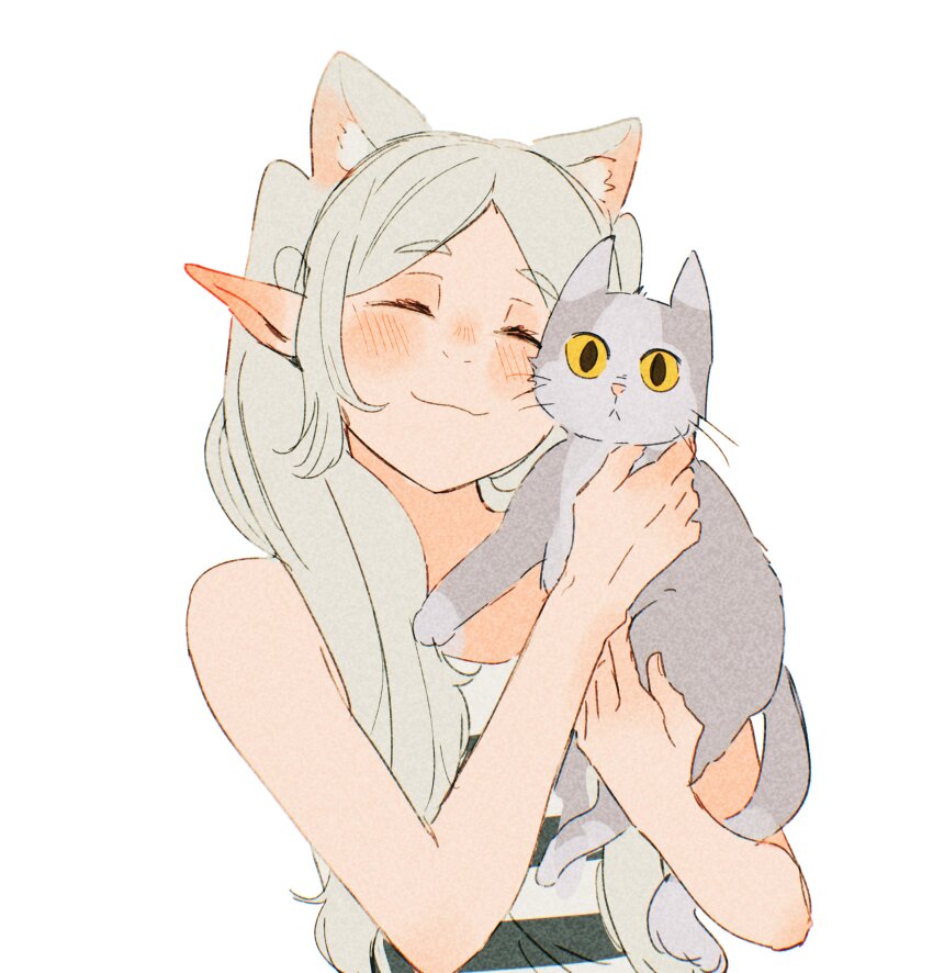 1girl :3 absurdres animal bare_shoulders black_shirt blush cat closed_eyes closed_mouth ear_blush elf frieren grey_cat heads_together highres holding holding_animal holding_cat long_hair parted_bangs pointy_ears shirt simple_background sleeveless sleeveless_shirt smile solo sousou_no_frieren spindle_(aidenr0) striped_clothes striped_shirt thick_eyebrows twintails upper_body white_background white_hair white_shirt yellow_eyes