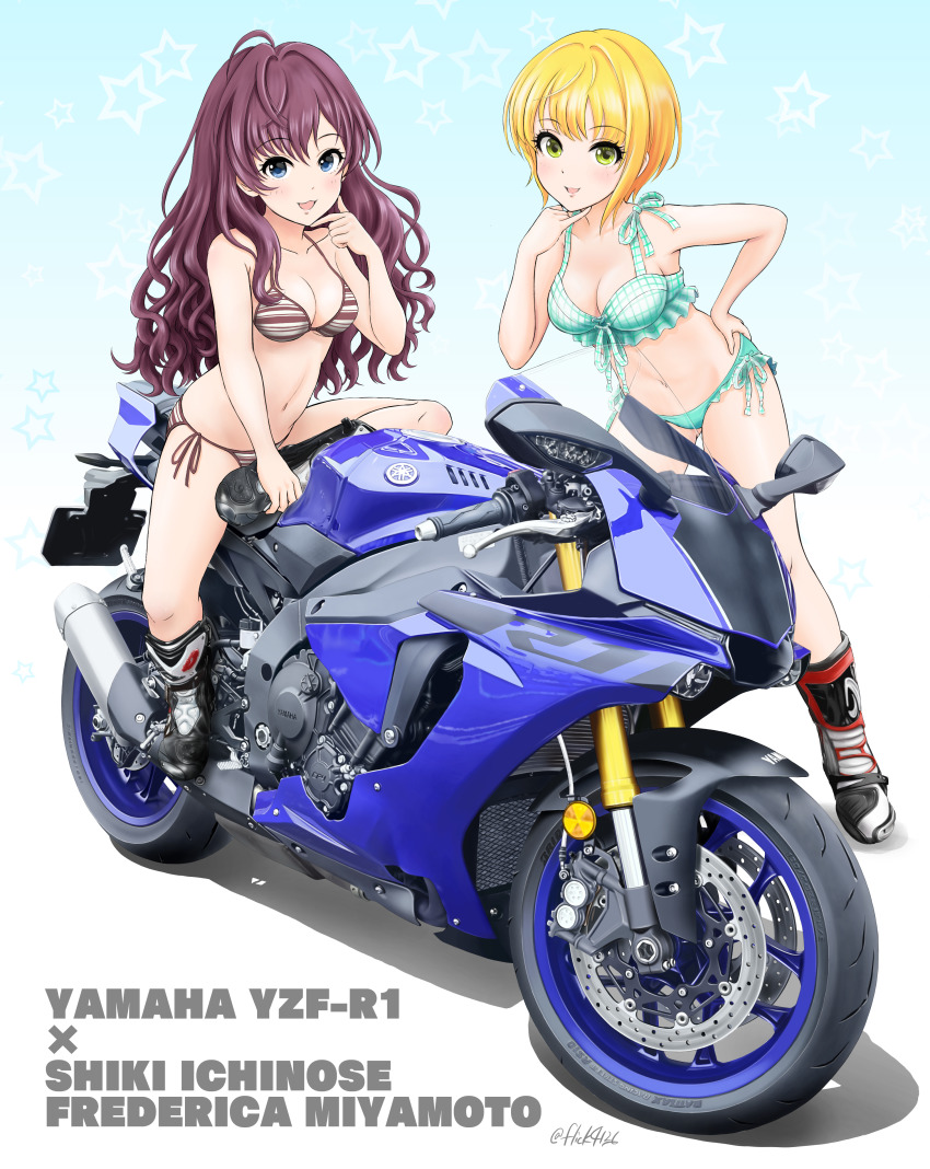 2girls absurdres bikini blonde_hair blue_eyes brown_hair character_name flick_(sal23) green_eyes highres ichinose_shiki idolmaster idolmaster_cinderella_girls long_hair miyamoto_frederica motor_vehicle motorcycle multiple_girls short_hair sport_motorcycle swimsuit twitter_username yamaha