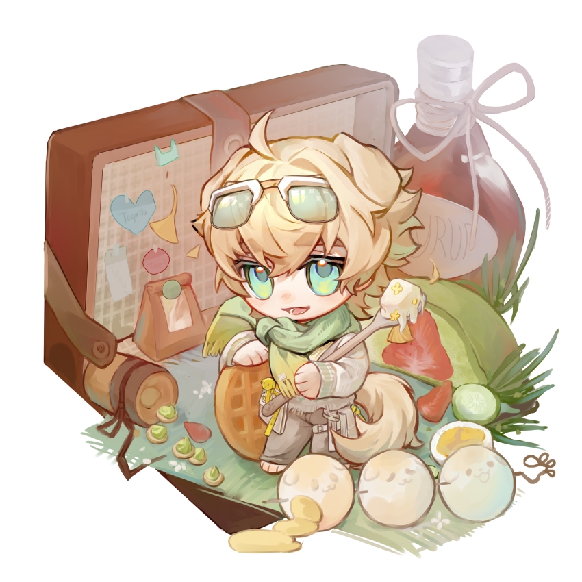 1boy :3 absurdres ahoge animal_ears anmo3381 arknights blonde_hair blue_eyes blush bow brown_bow chibi chinese_commentary closed_eyes dog_boy dog_ears dog_tail eyewear_on_head food green-tinted_eyewear hair_between_eyes highres holding holding_spoon leaning_on_object looking_at_viewer male_focus mochi nose_blush open_mouth solo solo_focus spoon sunglasses syrup tail tequila_(arknights) thick_eyebrows tinted_eyewear translation_request waffle white_background