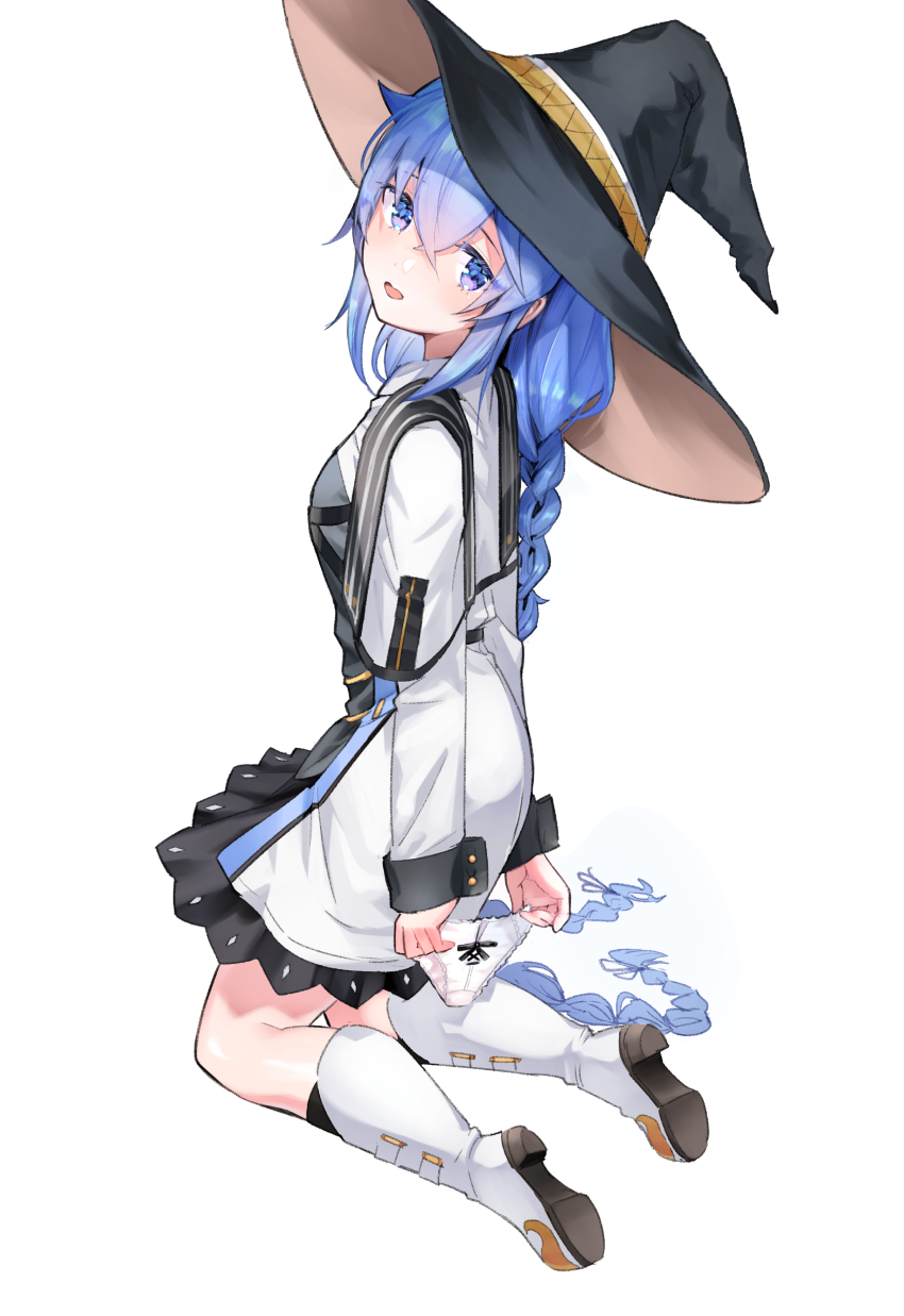 1girl :d absurdres arms_behind_back black_hat blue_eyes blue_hair boots bow bow_panties braid dress full_body hair_between_eyes hat head_tilt highres holding holding_panties holding_underwear holding_unworn_clothes knee_boots kneeling long_hair looking_at_viewer low_twintails mushoku_tensei open_mouth panties roxy_migurdia saltcan69210 shoe_soles short_dress simple_background smile solo twin_braids twintails underwear very_long_hair white_background white_boots white_dress white_panties witch_hat