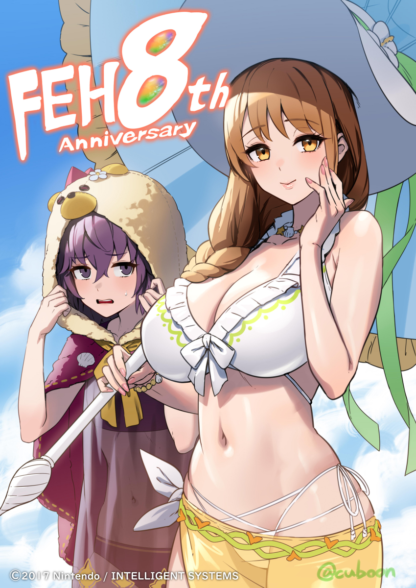 2girls absurdres animal_hood anniversary artist_name bear_hood bernadetta_von_varley bernadetta_von_varley_(summer) bikini blush bow breasts brown_hair cape cleavage cuboon fire_emblem fire_emblem:_three_houses fire_emblem_engage fire_emblem_heroes flower goldmary_(fire_emblem) goldmary_(summer)_(fire_emblem) green_ribbon grey_eyes hat highres holding holding_umbrella hood large_breasts long_hair looking_at_viewer multiple_girls navel nintendo official_alternate_costume official_art parasol purple_bikini purple_cape purple_hair ribbon sarong see-through_clothes short_hair smile swimsuit thong toned umbrella white_bikini yellow_bow