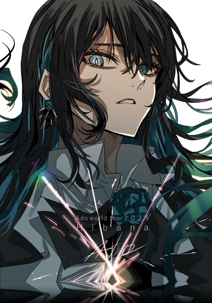 1girl ado_(utaite) black_bow black_bowtie black_hair blue_eyes blue_flower blue_hair blue_rose bow bowtie chando_(ado) collared_shirt colored_inner_hair commentary_request earrings english_text flower flower_brooch gunjyou_(gunjyou_00) hair_between_eyes heterochromia highres jewelry long_hair looking_at_viewer multicolored_hair rose shirt simple_background solo upper_body utaite white_background white_shirt yes