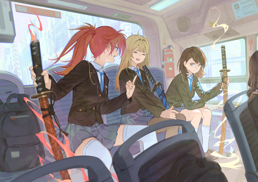 3girls absurdres backpack bag black_jacket blonde_hair blue_necktie brown_hair bus bus_interior cityscape closed_eyes ddal fire_extinguisher frown highres holding holding_sword holding_weapon jacket katana long_hair looking_at_another medium_hair middle_finger motor_vehicle multiple_girls necktie original ponytail red_hair revision school_uniform sitting skirt socks sweat sweatdrop sword thighhighs weapon white_socks white_thighhighs window zettai_ryouiki