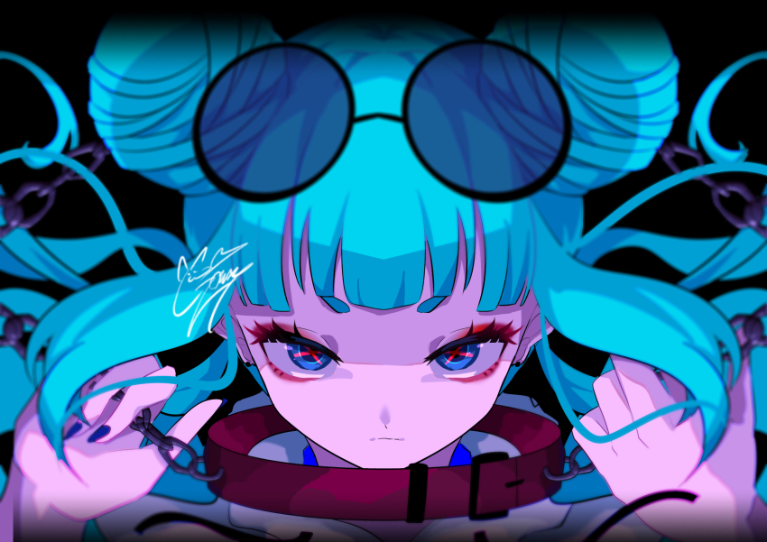 1girl blue_eyes chain collar double_bun eyewear_on_head fingernails goma_irasuto green_hair hair_bun highres long_bangs looking_at_viewer nail_polish original sanpaku signature solo sunglasses symbol-shaped_pupils upper_body x-shaped_pupils