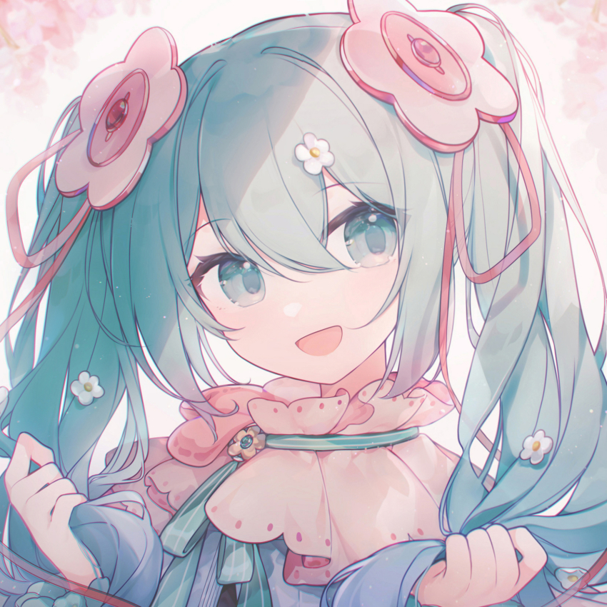 1girl aqua_eyes aqua_hair blouse blue_shirt commentary eta flower frilled_neckwear hair_flower hair_ornament hatsune_miku highres holding holding_own_hair long_hair looking_to_the_side magical_mirai_(vocaloid) magical_mirai_miku magical_mirai_miku_(2021) open_mouth pink_headwear pink_neckwear shirt sidelocks simple_background smile solo twintails upper_body vocaloid white_background white_flower