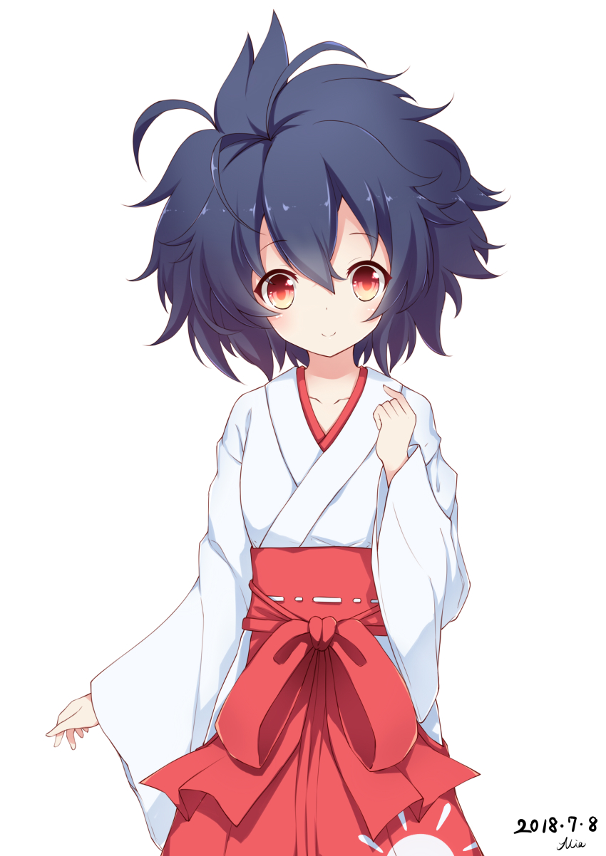 1girl absurdres black_hair collarbone dated garandou_sara hakama hakama_skirt highres island_(game) japanese_clothes messy_hair origami_(poinia) red_eyes signature simple_background skirt smile solo white_background