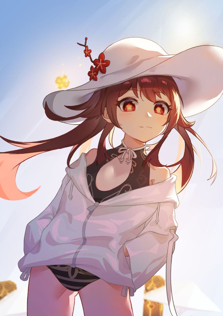 1girl alternate_costume black_one-piece_swimsuit blurry bow bowtie brown_hair collarbone commentary_request depth_of_field flat_chest flower genshin_impact hair_between_eyes hands_in_pockets hat hat_flower hat_ornament highres hood hooded_jacket hu_tao_(genshin_impact) jacket lmonster_guai long_hair looking_at_viewer meteor one-piece_swimsuit pillar red_eyes sidelocks smile solo sun_hat swimsuit symbol-shaped_pupils white_hat white_jacket wind