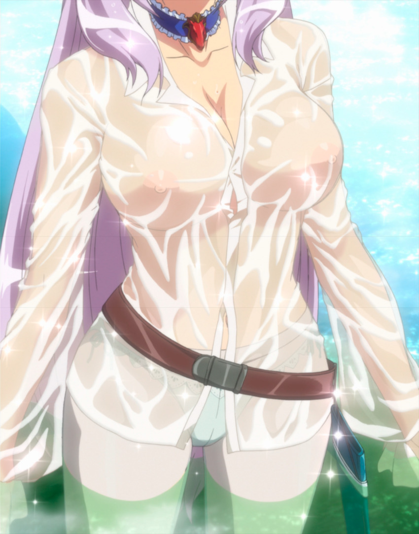 annelotte belt breasts huge_breasts jewelry nature necklace nipples panties pink_hair queen&#039;s_blade river scabbard screencap sheath shirt stitched third-party_edit underwear water wet wet_clothes wet_shirt white_panties