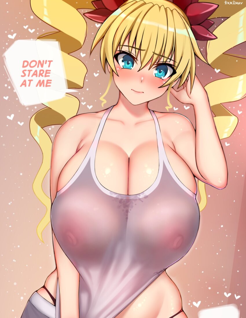 1girl arm_behind_head blonde_hair blue_eyes blush breasts bursting_breasts claire_harvey cleavage covered_erect_nipples drill_hair embarrassed english_text heart highres huge_breasts hundred_(light_novel) long_hair looking_at_viewer nipples pulling_own_clothes see-through_clothes shirt shorts sleeveless sleeveless_shirt solo thong twin_drills whale_tail_(clothing)