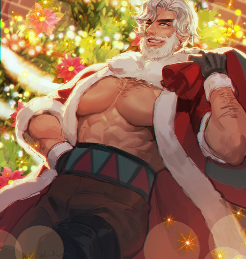 1boy abs arm_hair bara bare_pectorals beard belt black_gloves blue_eyes brown_pants carrying_over_shoulder chest_hair christmas_lights christmas_tree cookie_run cookie_run:_ovenbreak eggnog_cookie facial_hair flower fur-trimmed_jacket fur_collar fur_trim gift_bag gloves high-waist_pants highres jacket large_pectorals looking_at_viewer male_focus muscular muscular_male mustache open_clothes open_jacket pants pectorals pine_tree pink_flower red_jacket santa_costume shirt short_hair smile solo ssong-ga teeth tree white_shirt