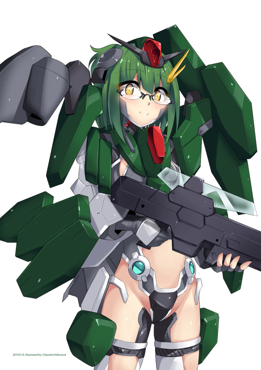 1girl cherudim_gundam clothing_cutout glasses gloves green_hair grey_gloves gun gundam gundam_00 highres holding holding_gun holding_weapon i.takashi looking_at_viewer mecha_musume personification rifle sniper_rifle stomach_cutout weapon yellow_eyes