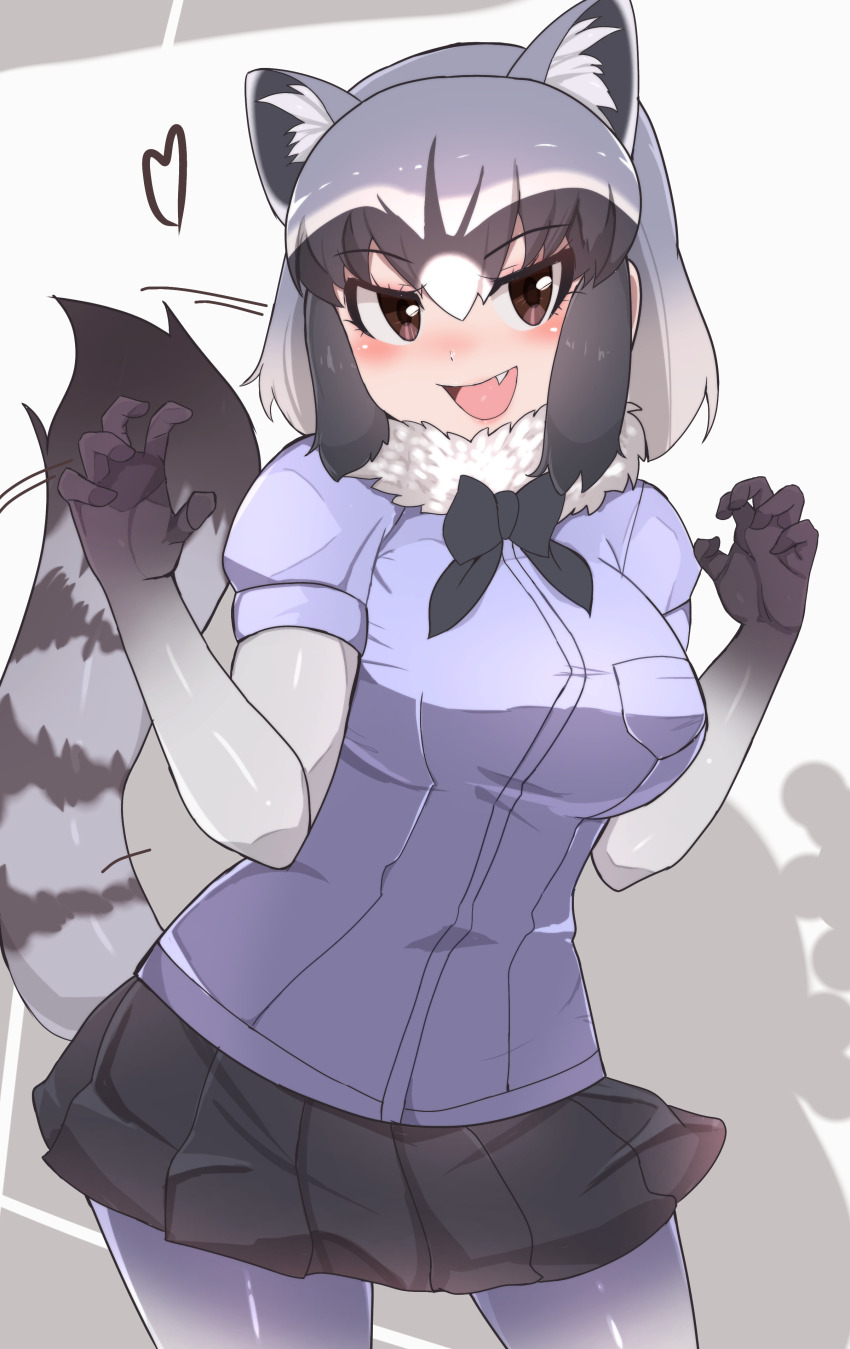 1girl absurdres animal_ears black_bow black_bowtie black_hair black_skirt bodystocking bow bowtie breast_pocket breasts brown_eyes common_raccoon_(kemono_friends) cowboy_shot extra_ears fang fur_collar grey_hair hair_between_eyes hands_up heart highres kemono_friends large_breasts looking_at_viewer medium_hair miniskirt motion_lines multicolored_hair open_mouth pleated_skirt pocket raccoon_ears raccoon_girl raccoon_tail red_bow sani shirt short_sleeves skirt smile solo tail tail_wagging taut_clothes taut_shirt white_hair