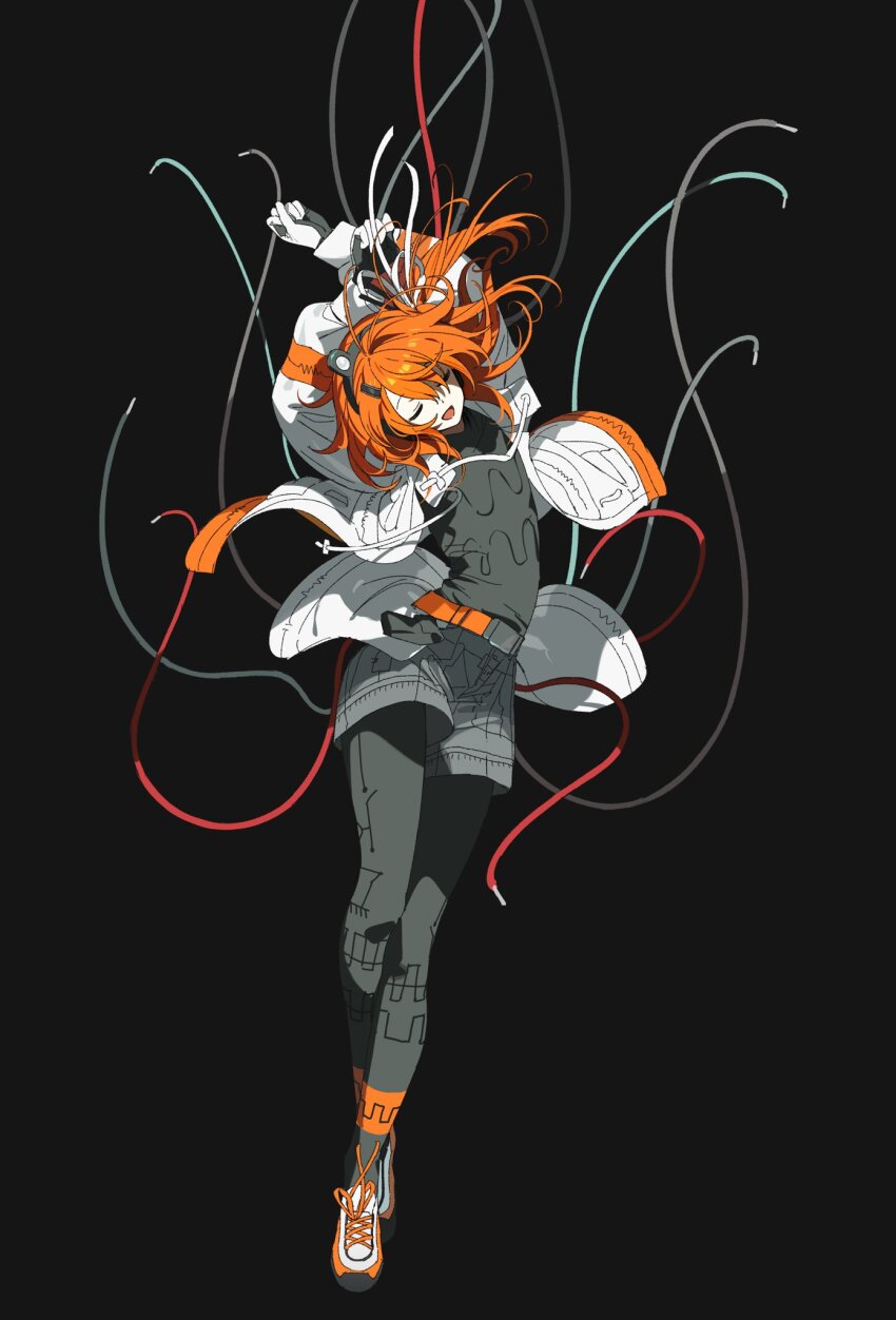 1girl a.i._voice adachi_rei arms_up belt clenched_hands closed_eyes gloves headgear highres hood hoodie long_sleeves md5_mismatch natwjeq orange_hair pale_skin robot short_hair smile solo utau white_gloves white_hoodie wire