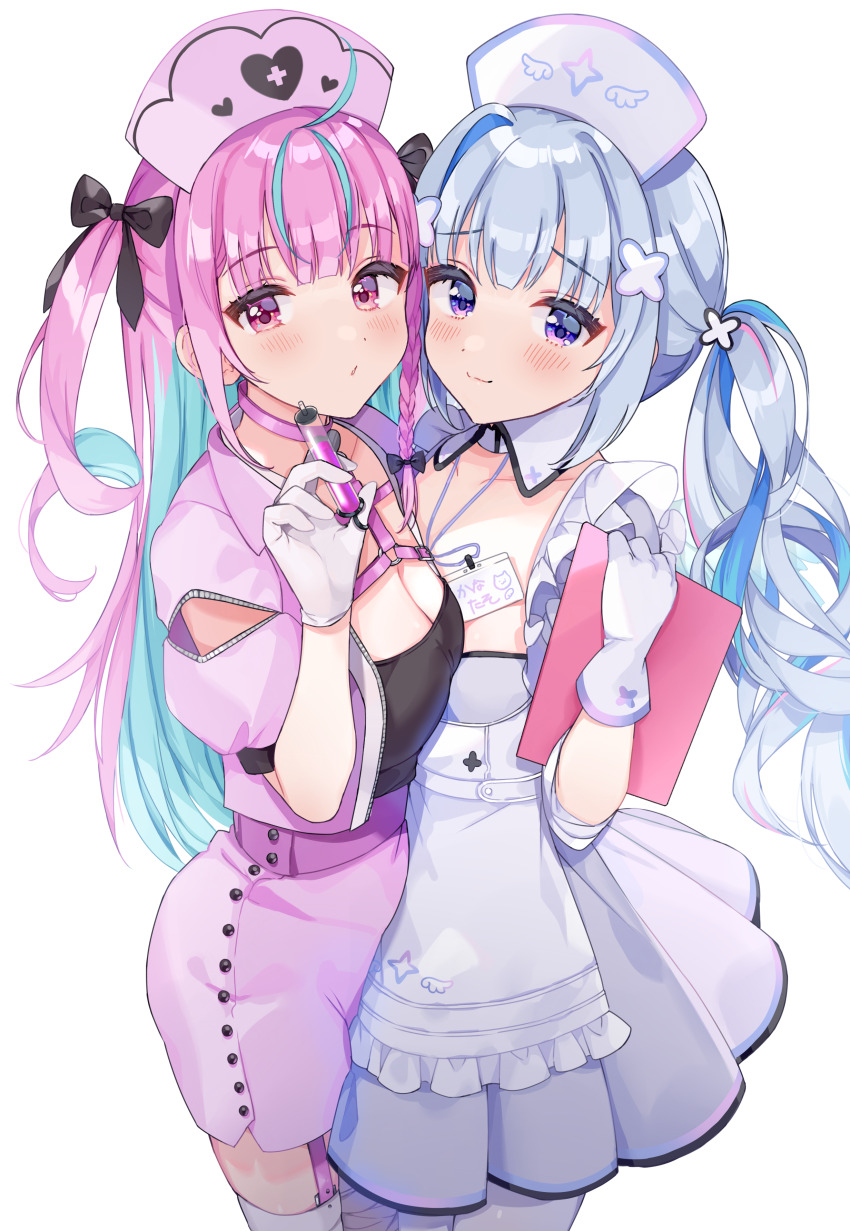 2girls absurdres ahoge alternate_costume amane_kanata amane_kanata_(nurse) aqua_hair asymmetrical_docking black_bow black_shirt blue_eyes blue_hair blush bow braid breast_press breasts chest_harness choker cleavage clipboard closed_mouth collar collarbone colored_inner_hair dress gloves gradient_hat hair_bow hair_ornament harness hat highres holding holding_clipboard holding_syringe hololive id_card jacket lanyard large_breasts long_hair looking_at_viewer minato_aqua monon_tulle multicolored_hair multiple_girls nurse nurse_cap o-ring o-ring_harness official_alternate_costume official_alternate_hair_length official_alternate_hairstyle open_clothes open_jacket pink_choker pink_eyes pink_garter_straps pink_hair pink_hat pink_jacket pink_skirt shirt short_sleeves simple_background single_hair_intake skirt smile streaked_hair syringe thighhighs thighs twintails two-tone_eyes two-tone_hair two_side_up virtual_youtuber white_background white_collar white_dress white_gloves white_hair white_hat white_thighhighs wing_print