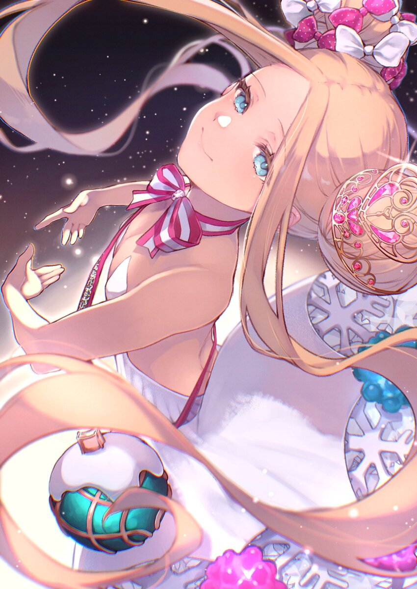 1girl abigail_williams_(fate) abigail_williams_(santa)_(fate) bare_shoulders blonde_hair blue_eyes bow dancing double_bun dress fate/grand_order fate_(series) flat_chest forehead from_above hair_bow hair_bun hair_ornament highres long_hair looking_at_viewer looking_up smile solo tiara val_yoduki white_dress