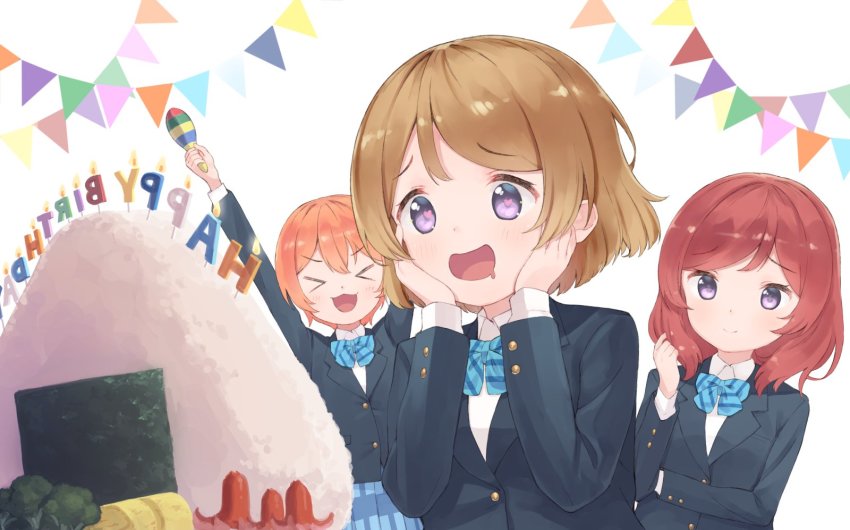 &gt;_&lt; 3girls :3 arms_up birthday blue_neckwear blue_skirt blush bow bowtie brown_hair buttons collared_shirt drooling eichisu food heart heart-shaped_pupils highres hoshizora_rin koizumi_hanayo long_sleeves looking_at_another love_live! multiple_girls nishikino_maki onigiri orange_hair otonokizaka_school_uniform oversized_food oversized_object pleated_skirt purple_eyes red_hair school_uniform shirt short_hair skirt smile swept_bangs symbol-shaped_pupils white_shirt