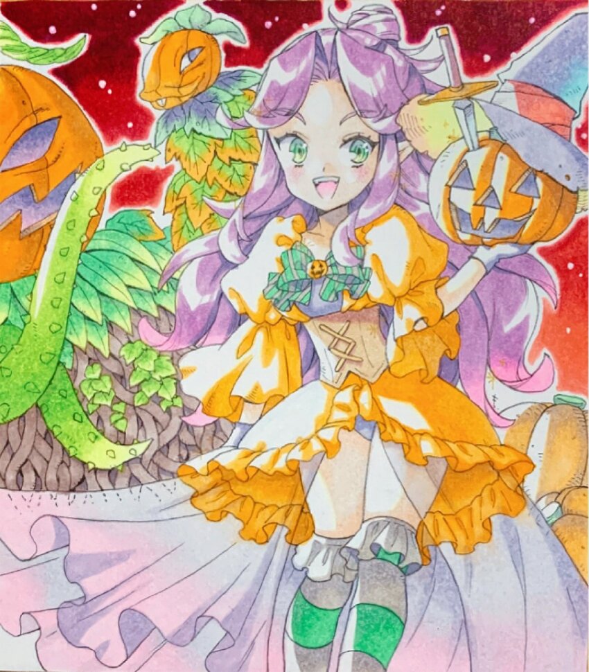 1girl angela_(seiken_densetsu_3) breasts center_opening cowboy_shot dress frilled_dress frills green_eyes hair_bun halloween halloween_costume highres jack-o&#039;-lantern medium_breasts monster motoko_(taom) open_mouth orange_dress parted_bangs pointy_ears puffy_short_sleeves puffy_sleeves purple_hair see-through_clothes see-through_skirt seiken_densetsu seiken_densetsu_3 short_sleeves sidelocks skirt smile socks striped_clothes striped_socks tentacles traditional_media