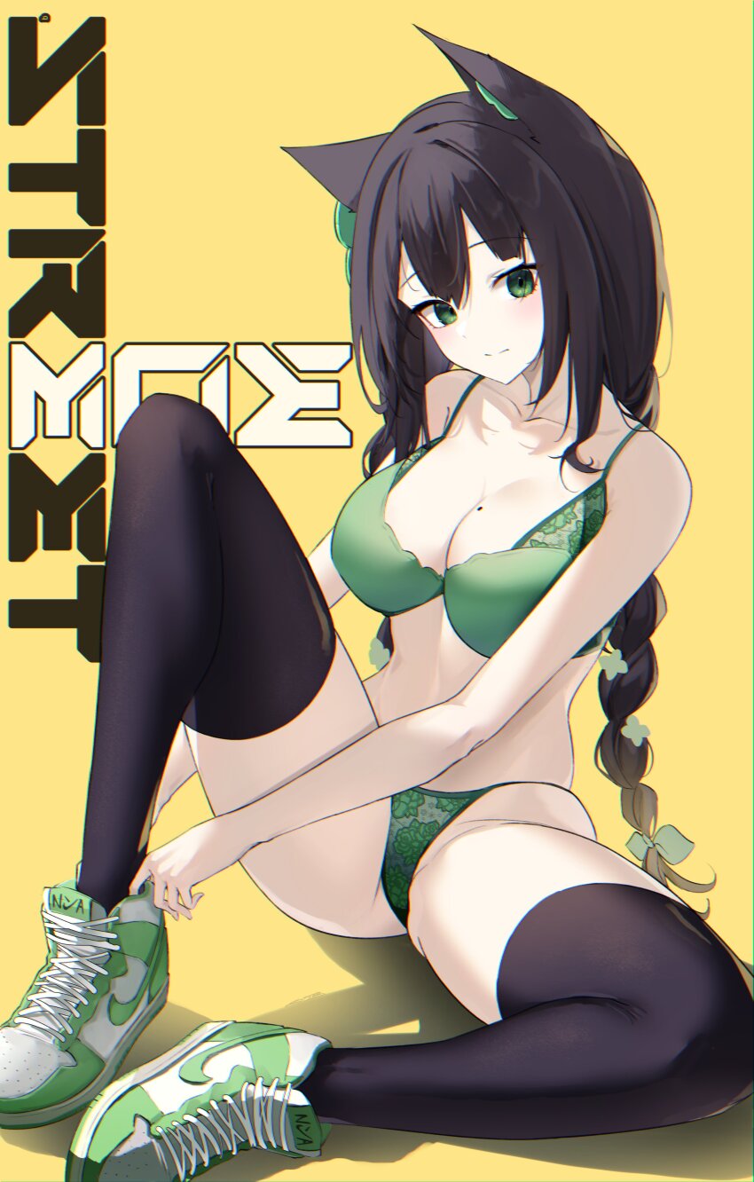 1girl absurdres animal_ears ass bare_arms bare_shoulders between_legs black_hair black_thighhighs bow bra braid breasts cleavage closed_mouth collarbone commission green_bra green_eyes green_footwear green_panties hair_bow hand_between_legs highres indie_virtual_youtuber kitsunya_(vtuber) knee_up large_breasts long_hair looking_at_viewer mole mole_under_eye nike_(company) panties shoes simple_background sitting skeb_commission smile sneakers solo steeb stomach string_bra string_panties thighhighs thighs twin_braids twintails underwear underwear_only virtual_youtuber yellow_background