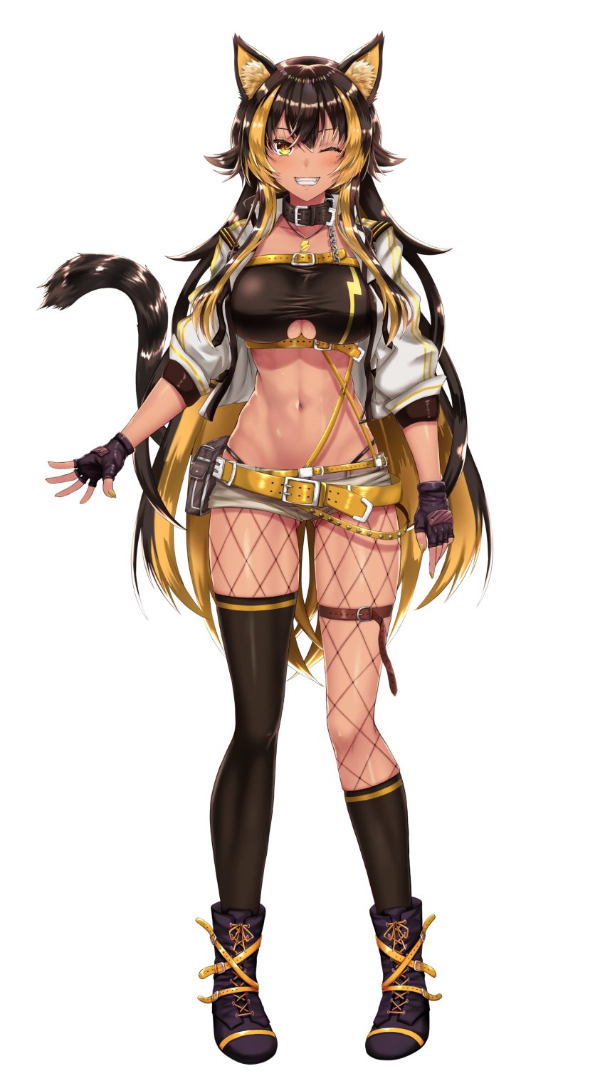 1girl absurdres animal_ear_fluff animal_ears asymmetrical_legwear belt belt_pouch blonde_hair blush boots brown_hair cat_ears cat_girl cat_tail commentary_request cropped_jacket dark-skinned_female dark_skin fingerless_gloves fishnet_legwear fishnets full_body gloves highleg highleg_panties highres indie_virtual_youtuber jacket looking_at_viewer midriff multicolored_hair navel nekoyo_chloe official_art one_eye_closed open_clothes open_jacket panties pouch shiny_skin short_hair shorts simple_background smile solo stomach tail takecha two-tone_hair underwear uneven_legwear virtual_youtuber white_background yellow_eyes