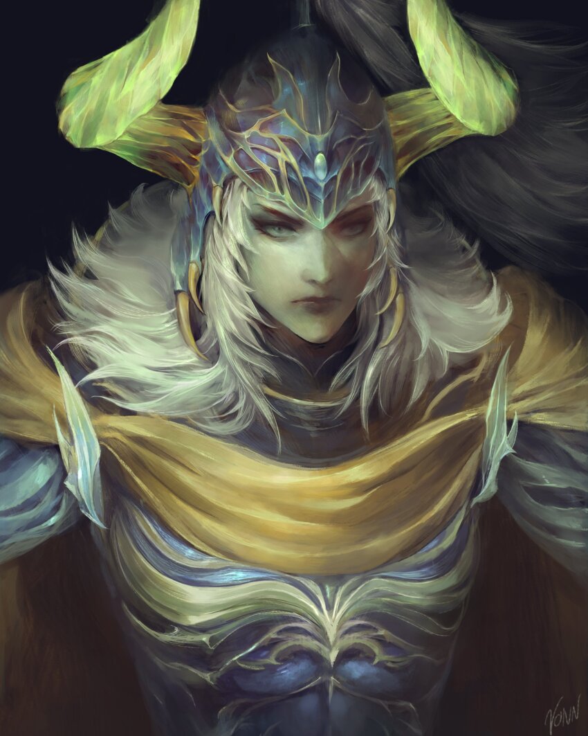 1boy absurdres arizdigitalart armor cape closed_mouth elidibus fake_horns final_fantasy final_fantasy_xiv green_eyes helmet highres horned_helmet horns long_hair male_focus sanpaku signature solo warrior_of_light_(ff1) white_hair yellow_cape