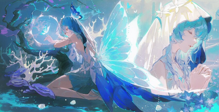 1girl armlet bare_legs blue_butterfly blue_hair blue_theme blue_veil bug butterfly butterfly_wings closed_eyes commentary dress hair_between_eyes hashtag-only_commentary highres insect insect_wings jewelry kneeling long_hair looking_at_animal multiple_views noland own_hands_clasped own_hands_together parted_lips purple_eyes sleeveless sleeveless_dress shorekeeper_(wuthering_waves) two-tone_vest veil white_dress white_veil wings wuthering_waves