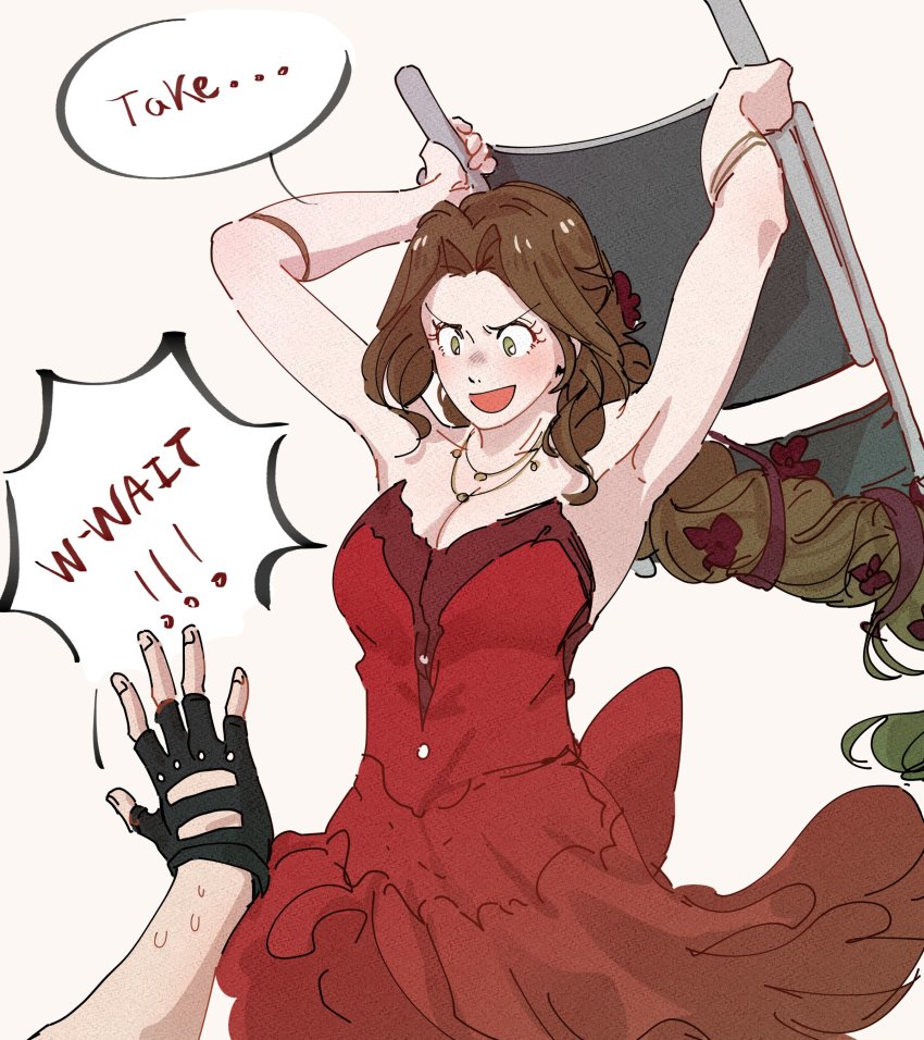 1boy 1girl absurdres aerith_gainsborough aerith_gainsborough_(red_dress) armpits arms_up bare_shoulders black_gloves braid braided_ponytail breasts brown_hair chair cleavage cowboy_shot dreamsyndd dress english_text eyelashes final_fantasy final_fantasy_vii final_fantasy_vii_remake fingerless_gloves flower folding_chair gloves green_eyes hair_flower hair_ornament hair_ribbon highres jewelry long_hair medium_breasts meme necklace off-shoulder_dress off_shoulder open_mouth out_of_frame parted_bangs red_dress ribbon simple_background solo_focus speech_bubble wall_market white_background