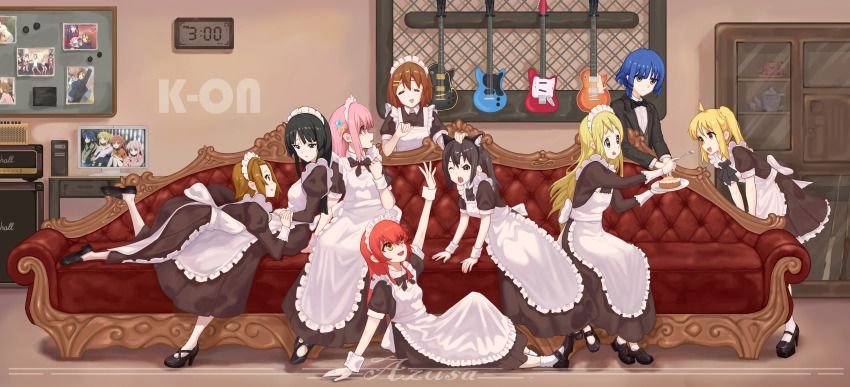 6+girls absurdres acoustic_guitar ahoge akiyama_mio alternate_costume animal_ear_fluff animal_ear_hairband animal_ears annoyed apron azusa_(archers77260) back_bow black_bow black_bowtie black_dress black_footwear black_hair black_hairband black_jacket blazer blue_eyes blue_hair bocchi_the_rock! bow bowtie brown_eyes brown_hair bulletin_board cat_ear_hairband cat_ears chest_of_drawers clock closed_eyes collared_dress collared_jacket cross-laced_footwear crossover cube_hair_ornament cup digital_clock dot_nose dress dress_shirt electric_guitar enmaided eyelashes fake_animal_ears feeding flirting food frilled_apron frilled_wrist_cuffs frills furrowed_brow gotoh_hitori grey_eyes guitar hair_ornament hairband hairclip hand_on_another&#039;s_head heads_together high_heels highres hirasawa_yui holding holding_another&#039;s_wrist holding_frog holding_plate ijichi_nijika instrument jacket juliet_sleeves k-on! kita_ikuyo knee_up kotobuki_tsumugi lapels leaning_forward light_blush loafers long_dress long_hair long_sleeves looking_at_another lying lying_on_lap maid maid_headdress mary_janes meta monitor multiple_girls nakano_azusa nervous notched_lapels official_alternate_costume on_chair on_stomach one_eye_closed one_side_up own_hands_together pantyhose photo_(object) pie pie_slice plate pleated_skirt ponytail ponytail_with_braided_base puffy_short_sleeves puffy_sleeves pumpkin_pie red_hair shaded_face shirt shoes short_dress short_hair short_sleeves side_ponytail sitting skirt stereo stiletto_heels straight_hair tainaka_ritsu teacup teapot teeth traditional_bowtie upper_teeth_only very_long_hair waitress white_apron white_bow white_pantyhose white_shirt white_wrist_cuffs wrist_cuffs yamada_ryo yuri