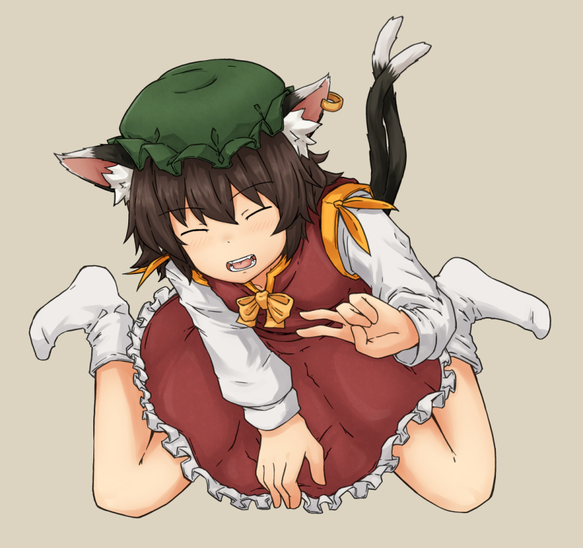 1girl animal_ear_fluff animal_ear_piercing animal_ears between_legs breasts brown_hair cat_ears chagamaka chen closed_eyes commentary_request dress earrings frills from_above full_body gold_trim green_hat grey_background hand_between_legs hand_up happy hat jewelry light_blush long_sleeves mob_cap no_shoes open_mouth petticoat red_dress short_hair simple_background single_earring sitting small_breasts smile socks solo teeth tongue touhou wariza white_socks