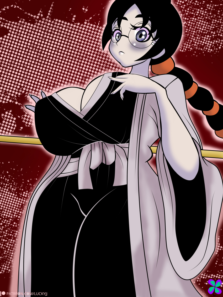 1girl absurdres bleach bleach:_sennen_kessen-hen breasts glasses hand_on_own_chest highres japanese_clothes katori_batsuunsai kimono large_breasts lucky-jj simple_background tagme