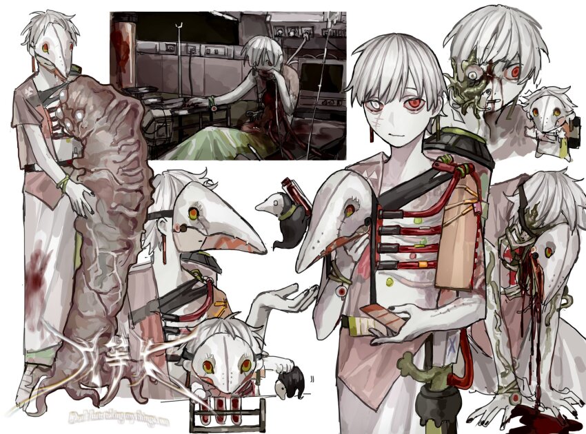 1boy bird_mask black_nails blood body_horror colored_skin creature hand_on_ground heterochromia highres holding holding_mask jacket light_smile male_focus mask monster on_bed original petting pink_jacket red_eyes scar scar_on_face short_hair smile very_short_hair white_eyes white_hair white_skin wuwuren