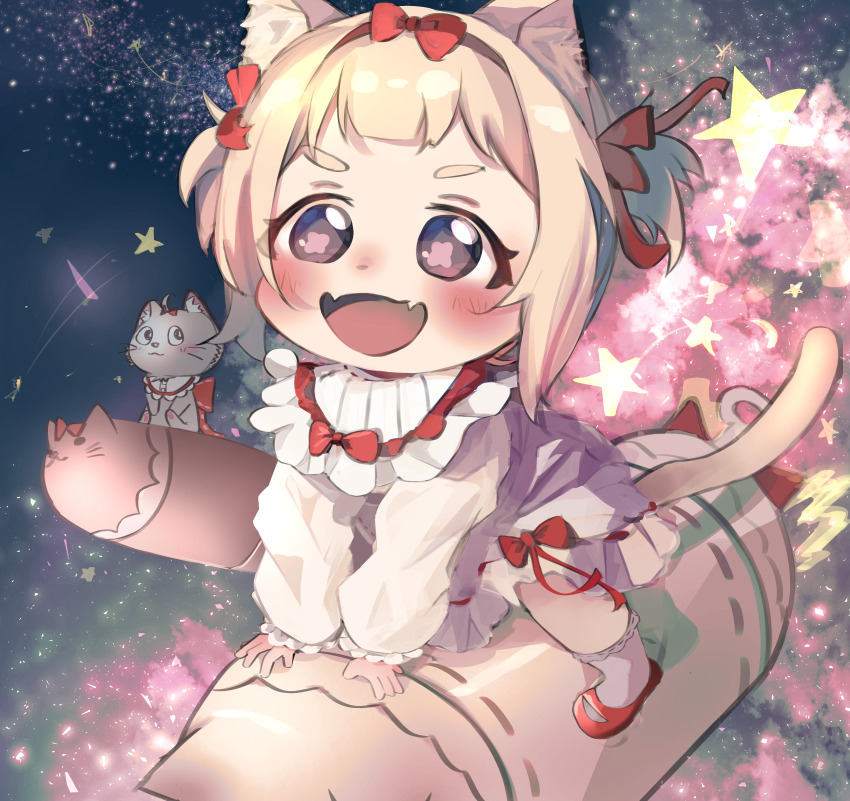 1girl :3 :d absurdres ahoge amai_hiyo animal_ears blonde_hair blunt_bangs bow cat_ears cat_girl cat_tail child fangs fireworks frilled_socks frills headband highres indie_virtual_youtuber looking_at_another open_mouth own_hands_together red_bow red_eyes red_headband red_ribbon ribbon riding short_hair short_twintails sitting skin_fangs sky smile socks solo star_(sky) starry_sky stuffed_animal stuffed_toy symbol-shaped_pupils tail thick_eyebrows twintails virtual_youtuber yukirei