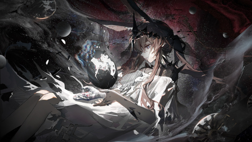 1girl amiya_(arknights) amiya_(demon_king)_(arknights) animal_ears arknights blue_eyes brown_hair debris dress egg feet_out_of_frame floating floating_hair floating_object from_side game_cg grin hair_between_eyes highres knees_together_feet_apart long_hair looking_down material_growth off-shoulder_dress off_shoulder official_art open_hands oripathy_lesion_(arknights) parted_lips ponytail profile rabbit_ears rabbit_girl shattered sidelocks smile solo third-party_source white_dress